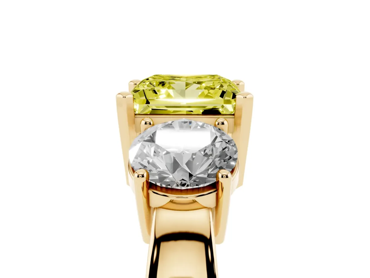 Fancy Yellow Three-Stone Princess Cut Diamond Ring with Round Side Stones, Classic Band, and Four-Prong Setting Yellow gold