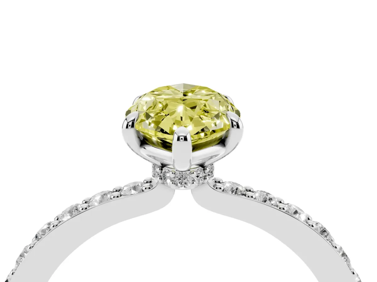 Fancy Yellow Marquise Cut Diamond Pavé Engagement Ring with Round Accents and Prong Setting Silver