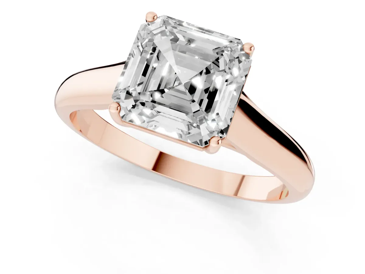 Asscher Cut Solitaire Engagement Ring with Tapered Band and Four-Prong Setting Rose gold