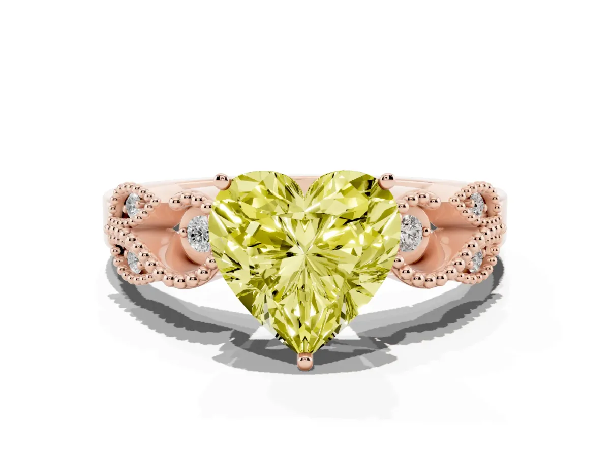 Fancy Yellow Heart Cut Solitaire Milgrain Leaf Band with Prong Setting Rose gold
