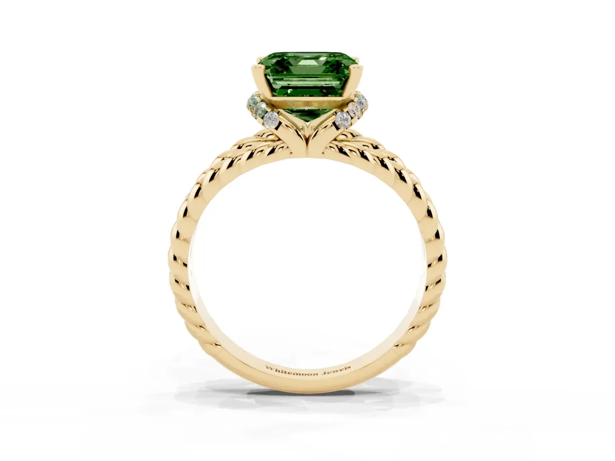 Fancy Green Asscher Cut Halo Twisted Band Four-Prong Ring Yellow gold