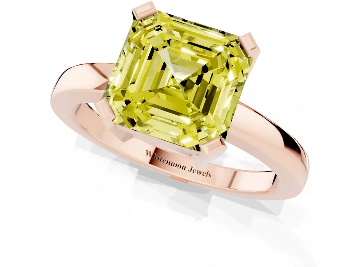 Fancy Yellow Asscher Cut Cut Solitaire Ring with Four-Prong Setting and Classic Band Rose gold
