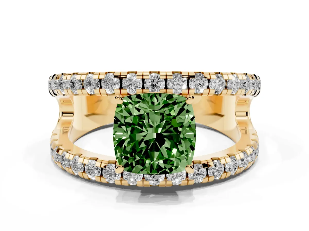 Fancy Green Cushion Cut Solitaire Split Shank Pave Diamond Ring Yellow gold