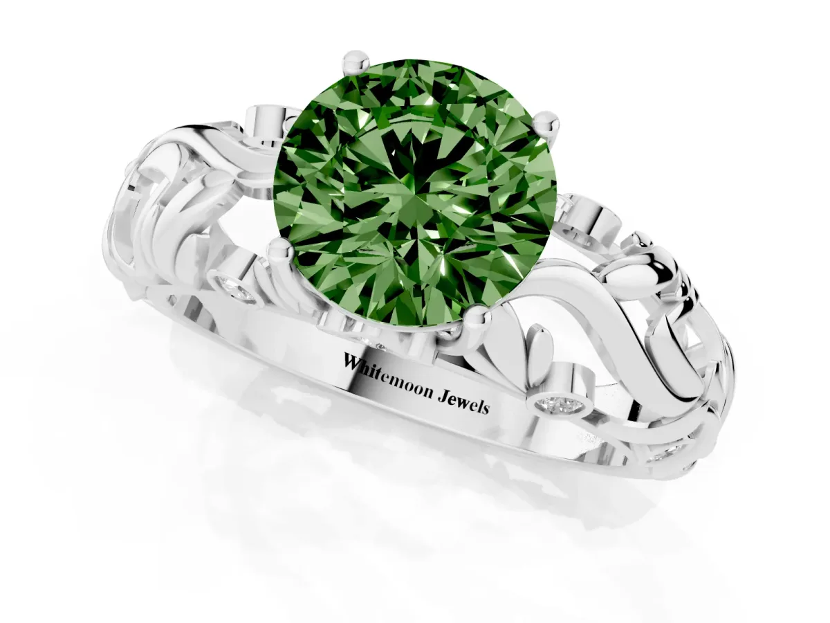 Fancy Green Round Cut Solitaire Diamond Leaf-Inspired Vine Band Ring with Prong Setting Platinum