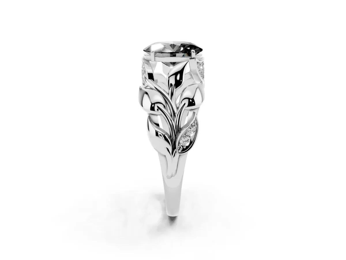 Fancy Black Oval Cut Diamond Leaf-Inspired Engagement Ring with Round Accents and Prong Setting Silver