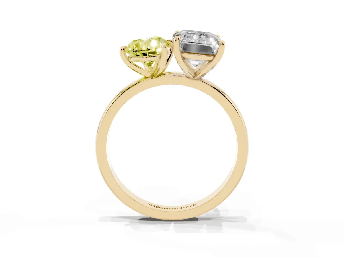 Fancy Yellow Pear Cut and Emerald Cut Toi Moi Ring with Prong Setting Yellow gold