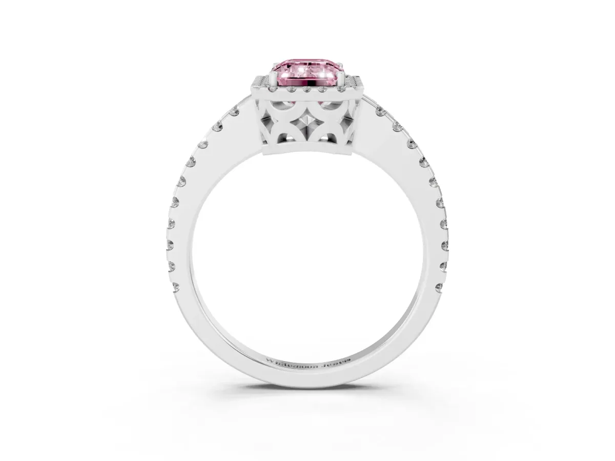 Fancy Pink Emerald Cut Diamond Halo Engagement Ring with Pavé Band and Prong Setting Platinum
