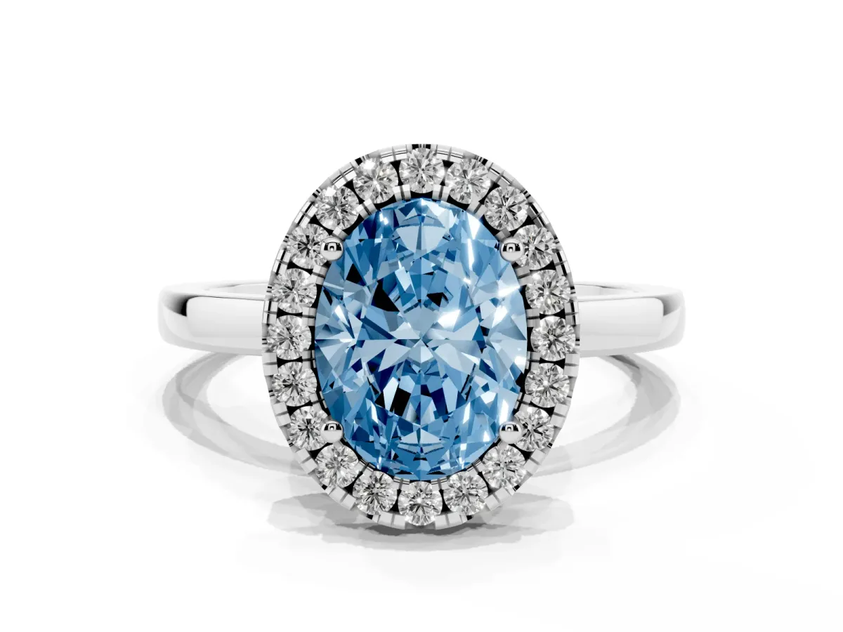 Fancy Blue Oval Cut Halo Diamond Solitaire with Pavé Band and Four-Prong Setting White gold