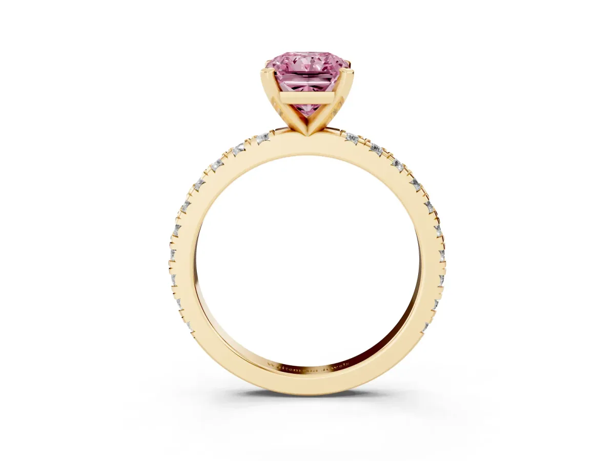 Fancy Pink Radiant Cut Diamond Pavé Band Solitaire with Four-Prong Setting Yellow gold