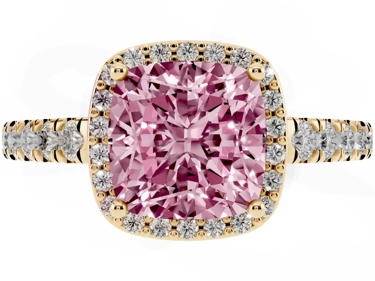 Fancy Pink Cushion Cut Cut Halo Diamond Engagement Ring with Pave Band and Four-Prong Setting Yellow gold