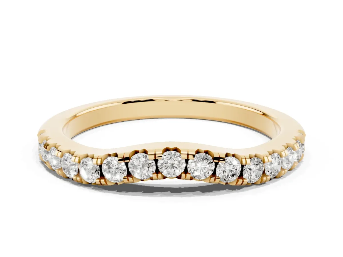 Round Diamond Curved Pavé Wedding Band with Shared Prong Setting Yellow gold