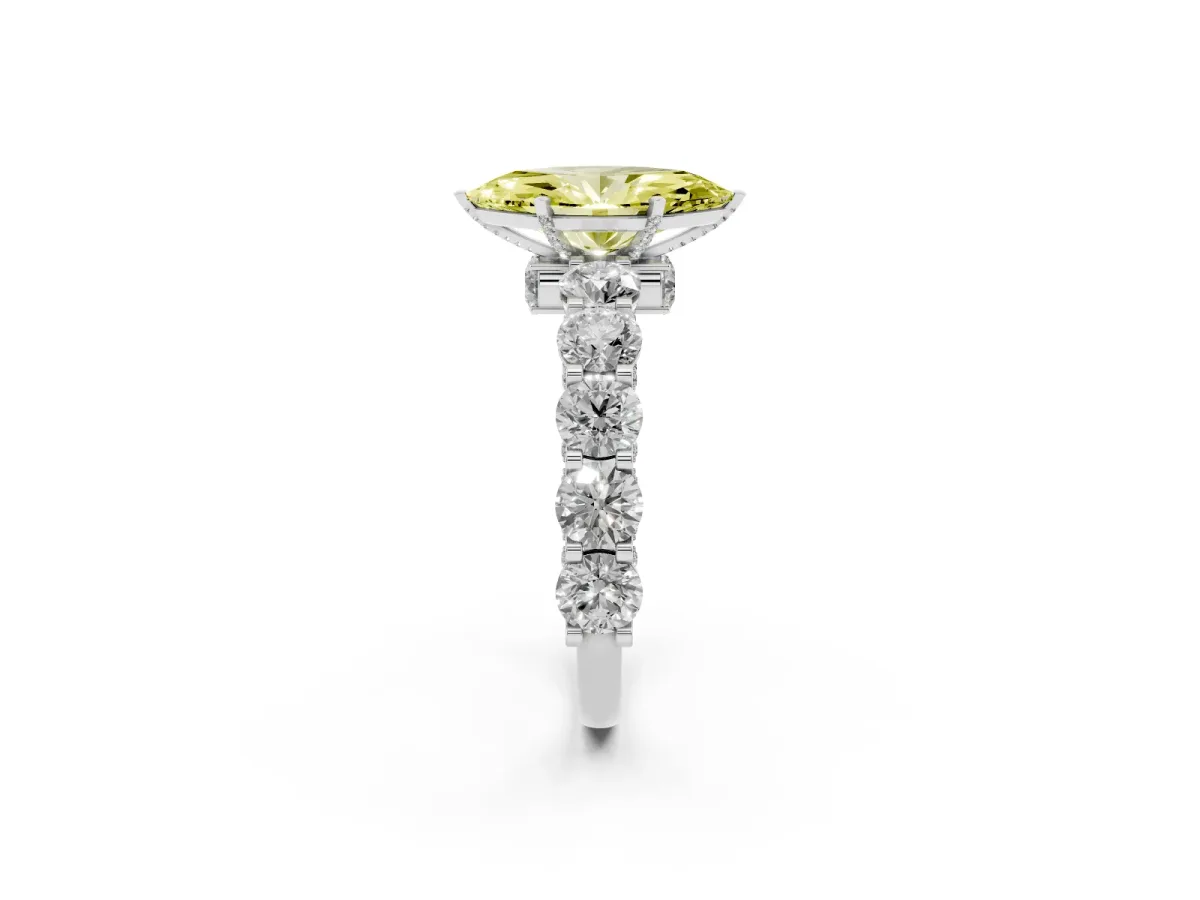Fancy Yellow Marquise Cut Diamond Side Stone Engagement Ring with Four-Prong Setting Silver