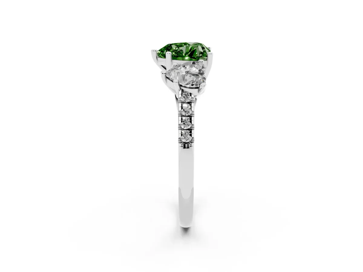 Fancy Green Three-Stone Heart Cut Diamond Ring with Round Pavé Band and Prong Setting Silver