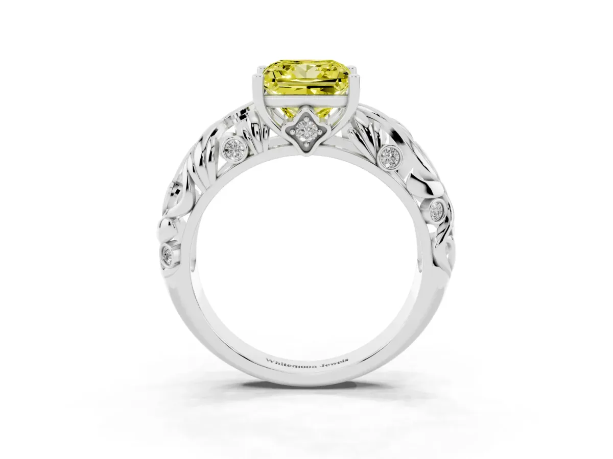 Fancy Yellow Princess Cut Solitaire Diamond Leaf-Inspired Vine Band Ring with Prong Setting Platinum