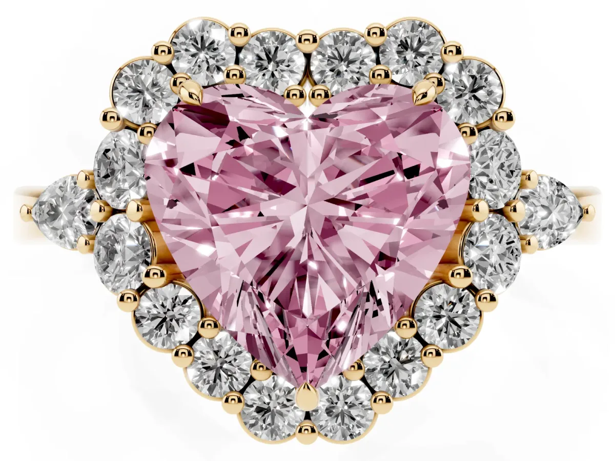 Fancy Pink Heart Cut Diamond Halo Ring with Pear Side Stones and Prong Setting Yellow gold