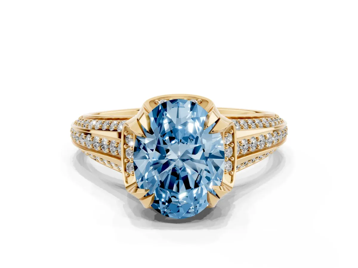 Fancy Blue Oval Cut Solitaire Pave Split Shank Ring with Four-Prong Setting Yellow gold