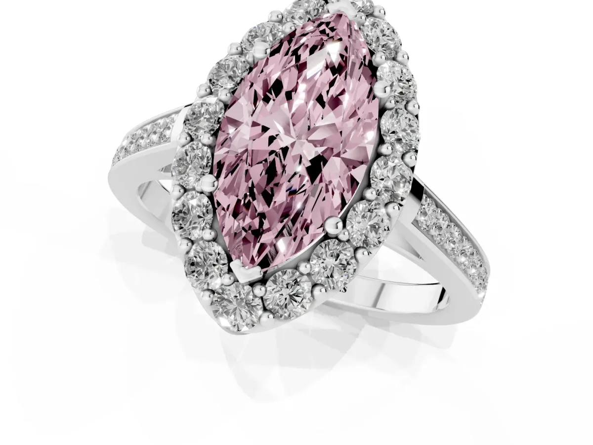Fancy Pink Marquise Cut Diamond Floral Halo Ring with Pavé Band and Prong Setting White gold