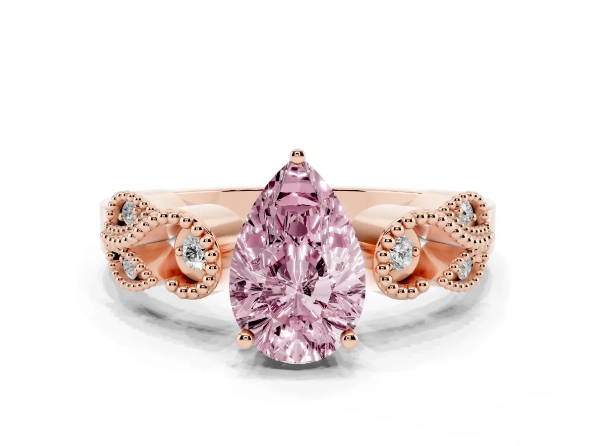 Fancy Pink Pear Cut Solitaire Milgrain Leaf Band with Prong Setting Rose gold