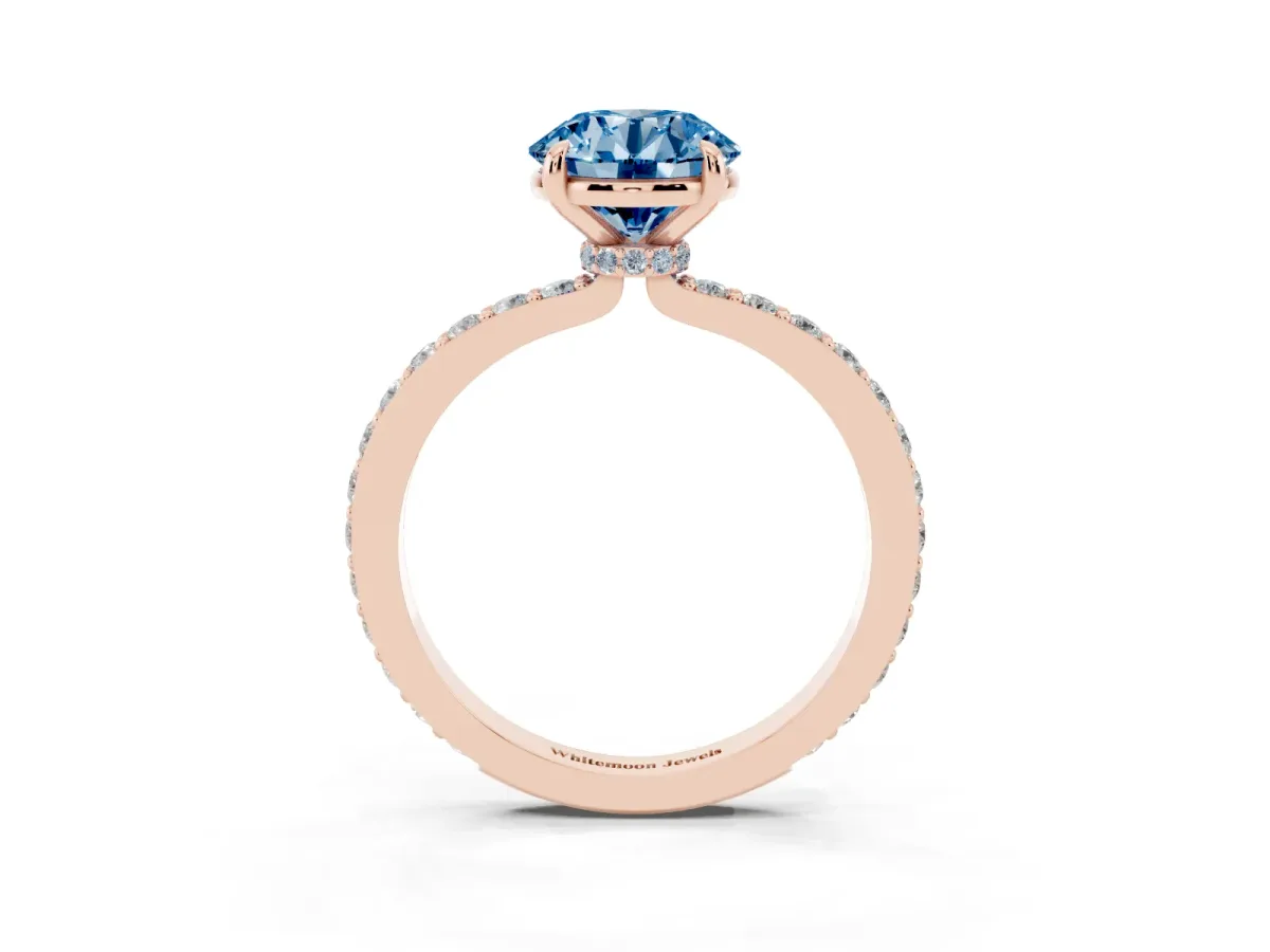 Fancy Blue Round Cut Diamond Pavé Engagement Ring with Round Accents and Prong Setting Rose gold