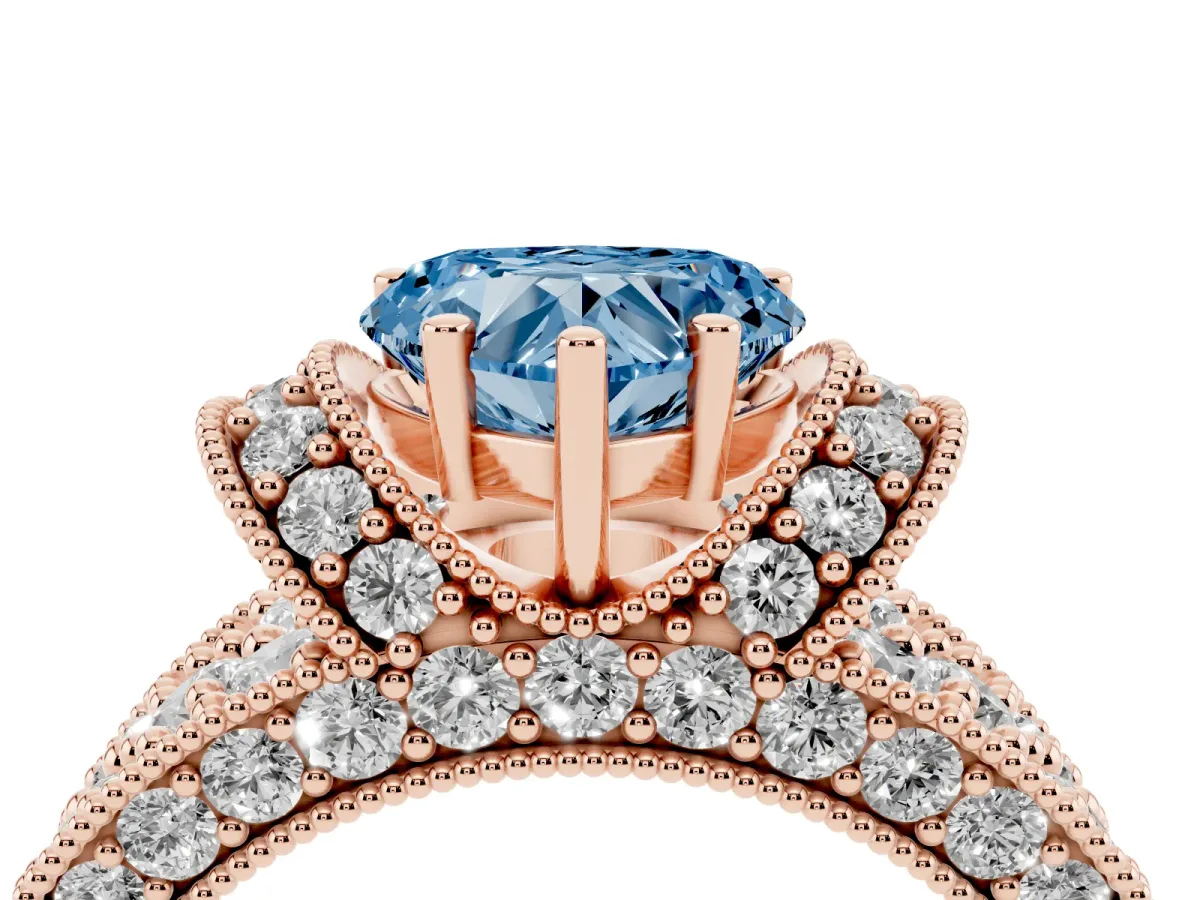 Fancy Blue Heart Cut Halo Pave Diamond Engagement Ring with Milgrain Detailing Rose gold
