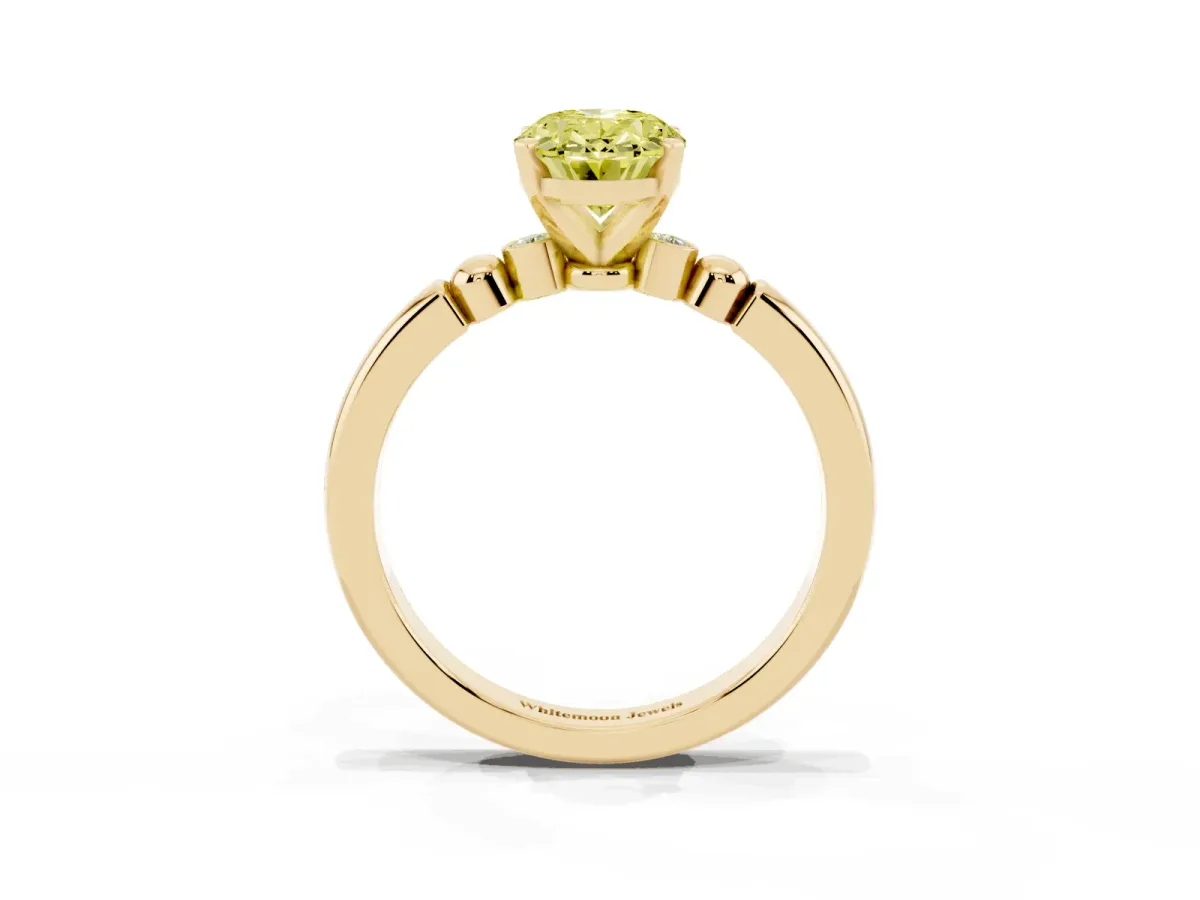 Fancy Yellow Oval Cut Solitaire Beaded Band with Four-Prong Setting Yellow gold