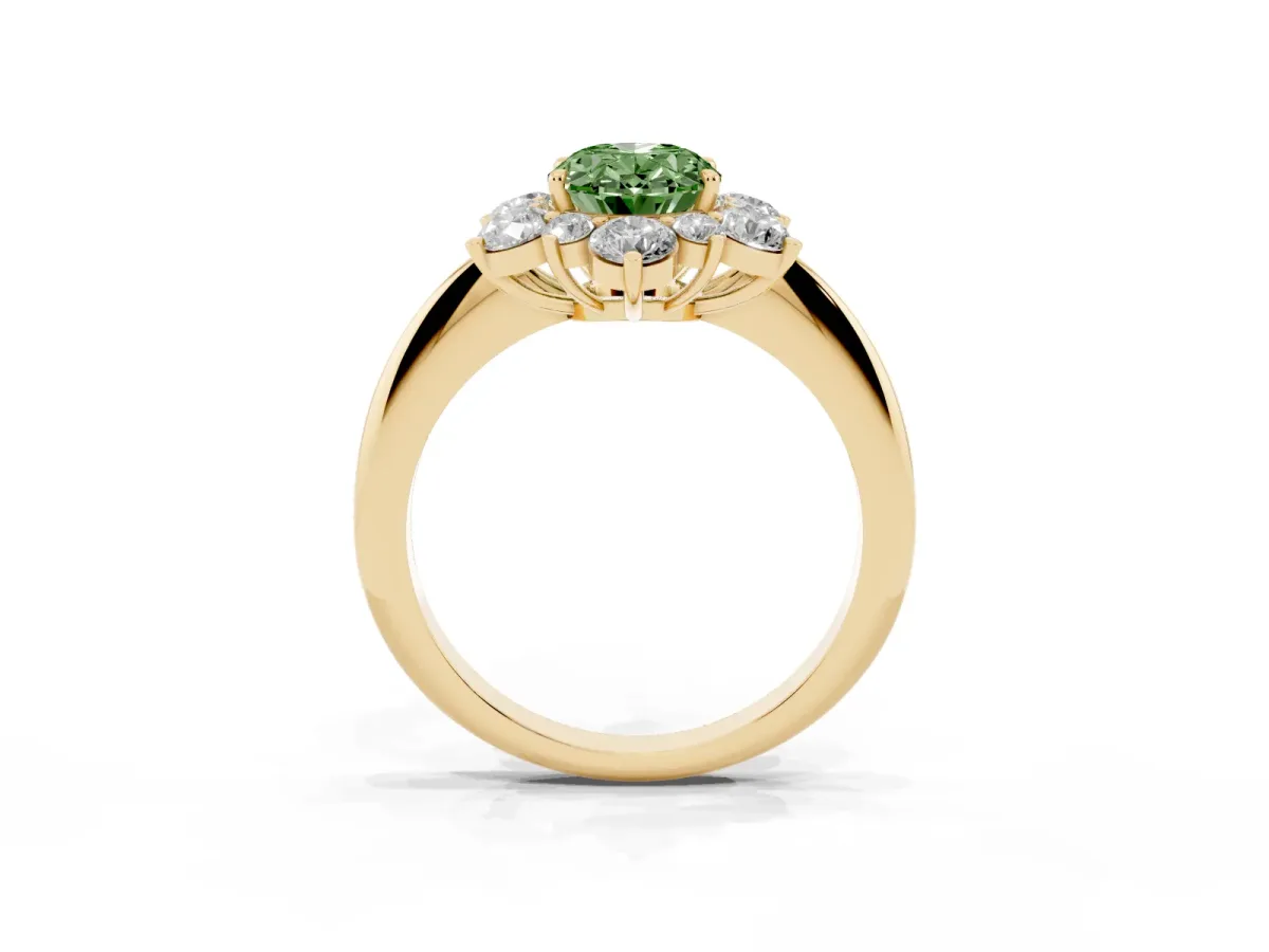 Fancy Green Oval Cut Diamond Cluster Halo Ring with Solitaire Band and Four-Prong Setting Yellow gold