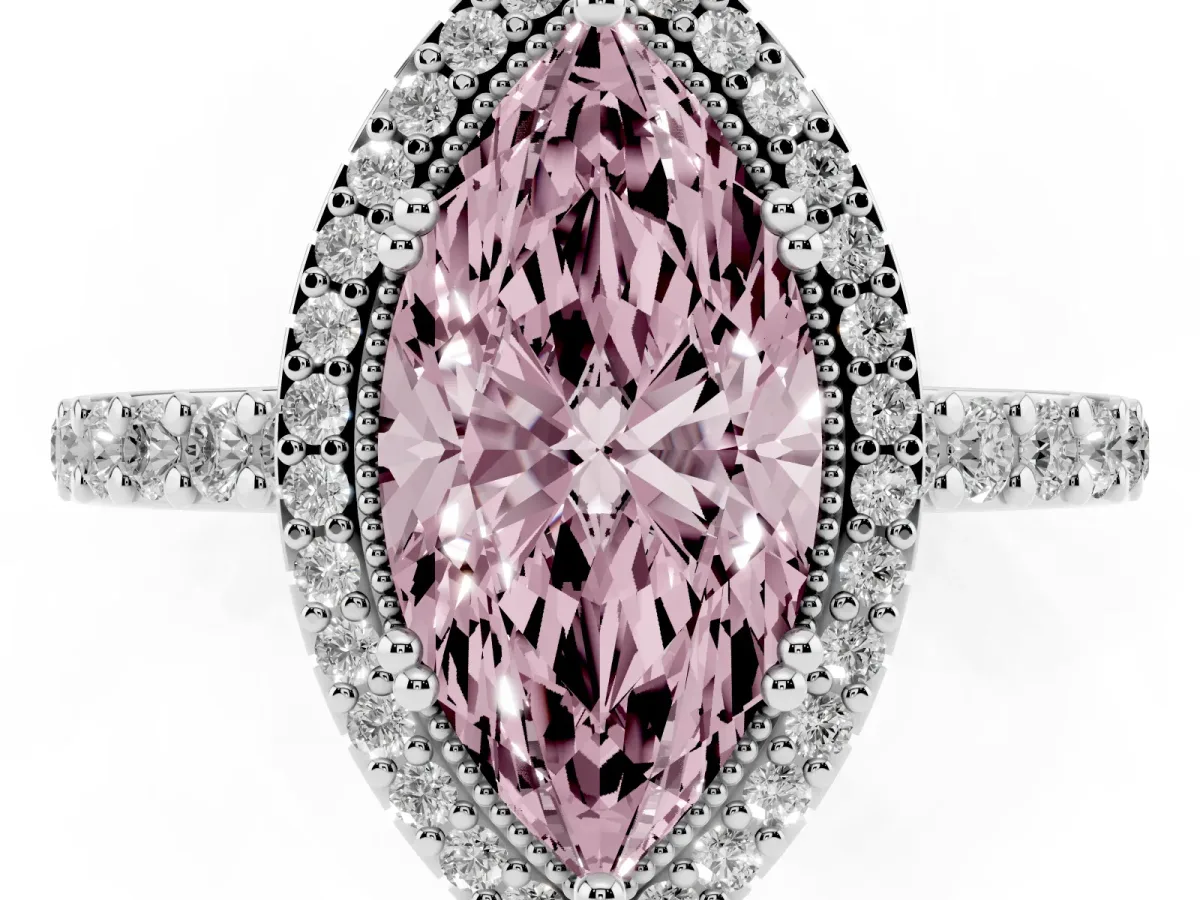 Fancy Pink Marquise Cut Cut Diamond Halo Engagement Ring with Milgrain Detail and Pavé Band Platinum
