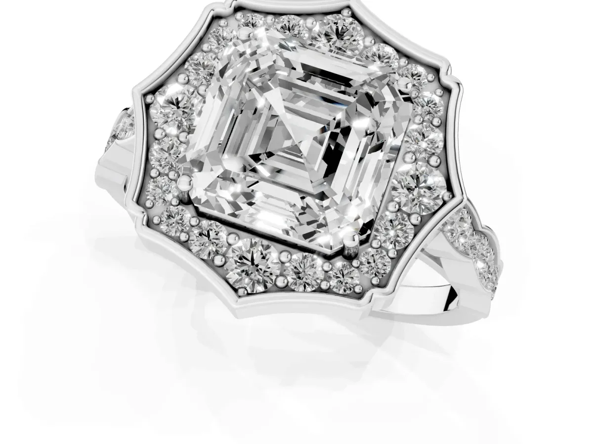Asscher Cut Halo Diamond Engagement Ring with Milgrain Band and Four-Prong Setting White gold