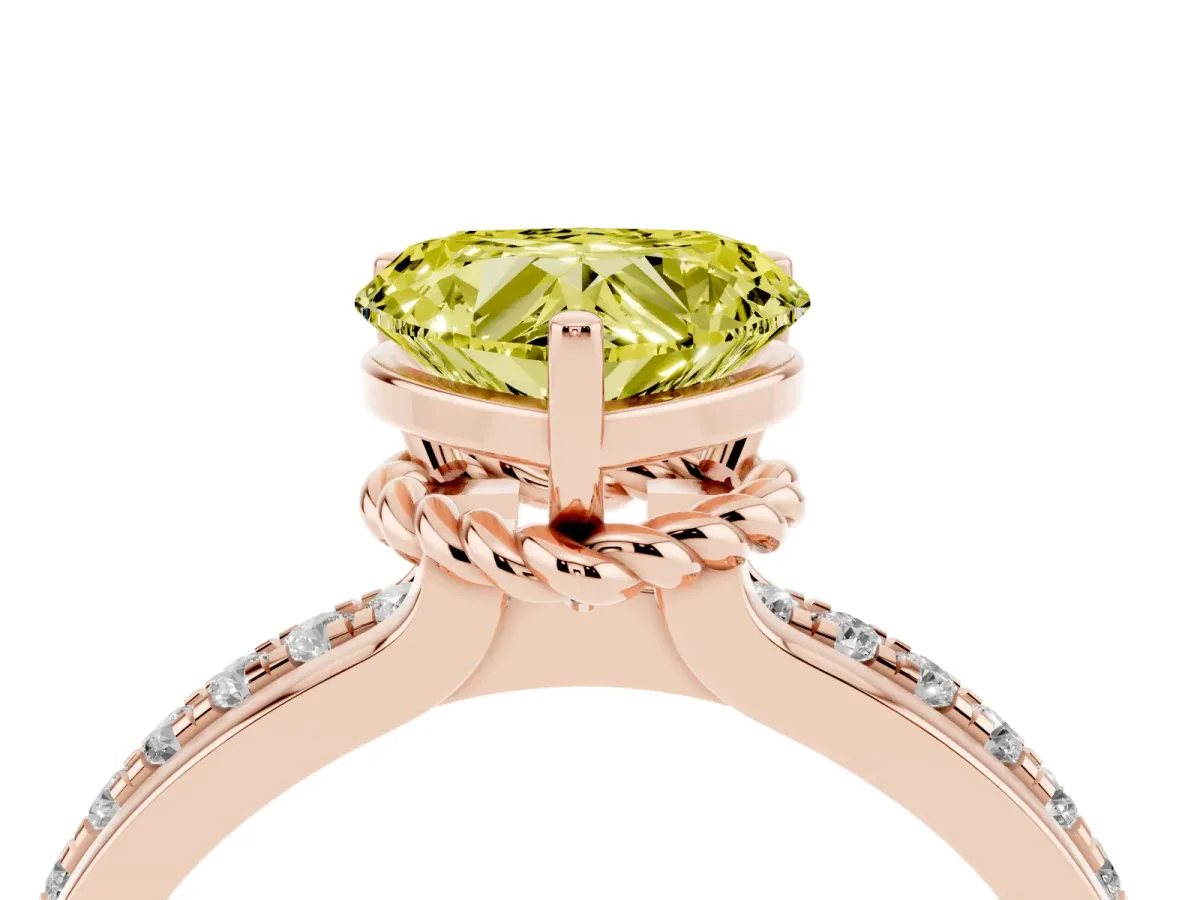 Fancy Yellow Heart Cut Solitaire Diamond Ring with Channel Set Band and Six-Prong Setting Rose gold