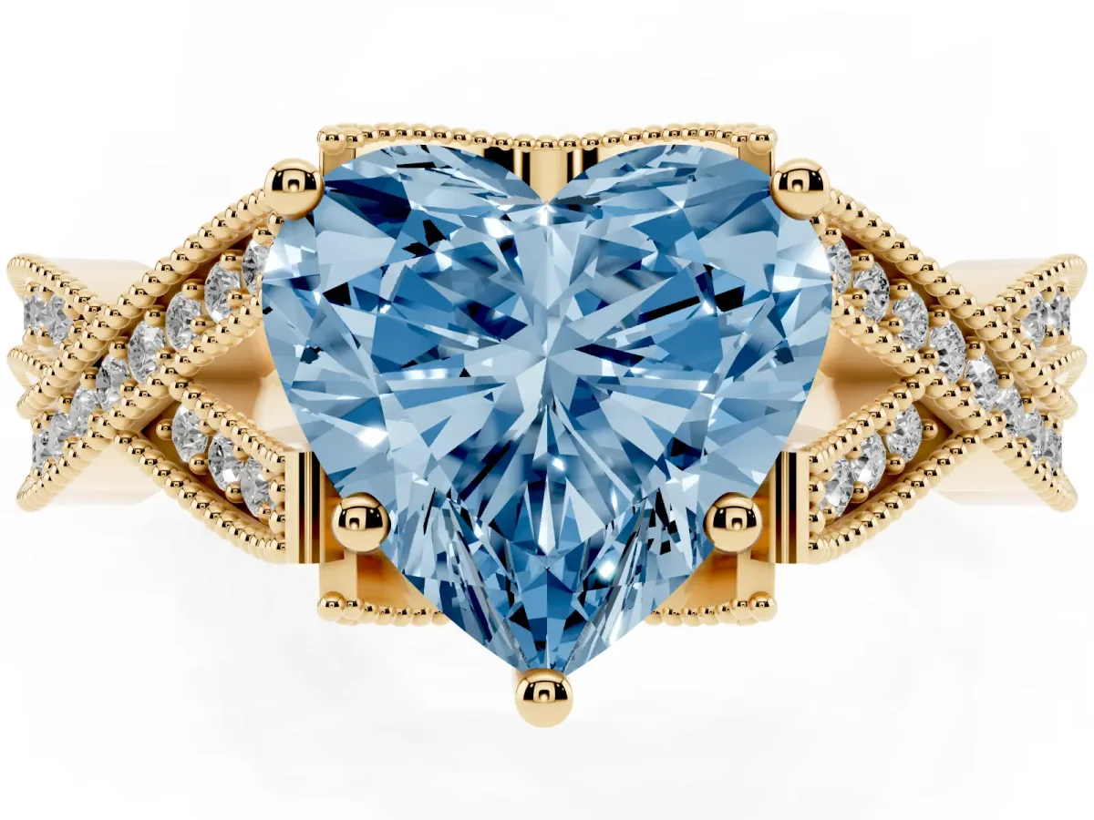 Fancy Blue Heart Cut Cut Diamond Twisted Band with Milgrain Pave Setting and Four-Prong Setting Yellow gold