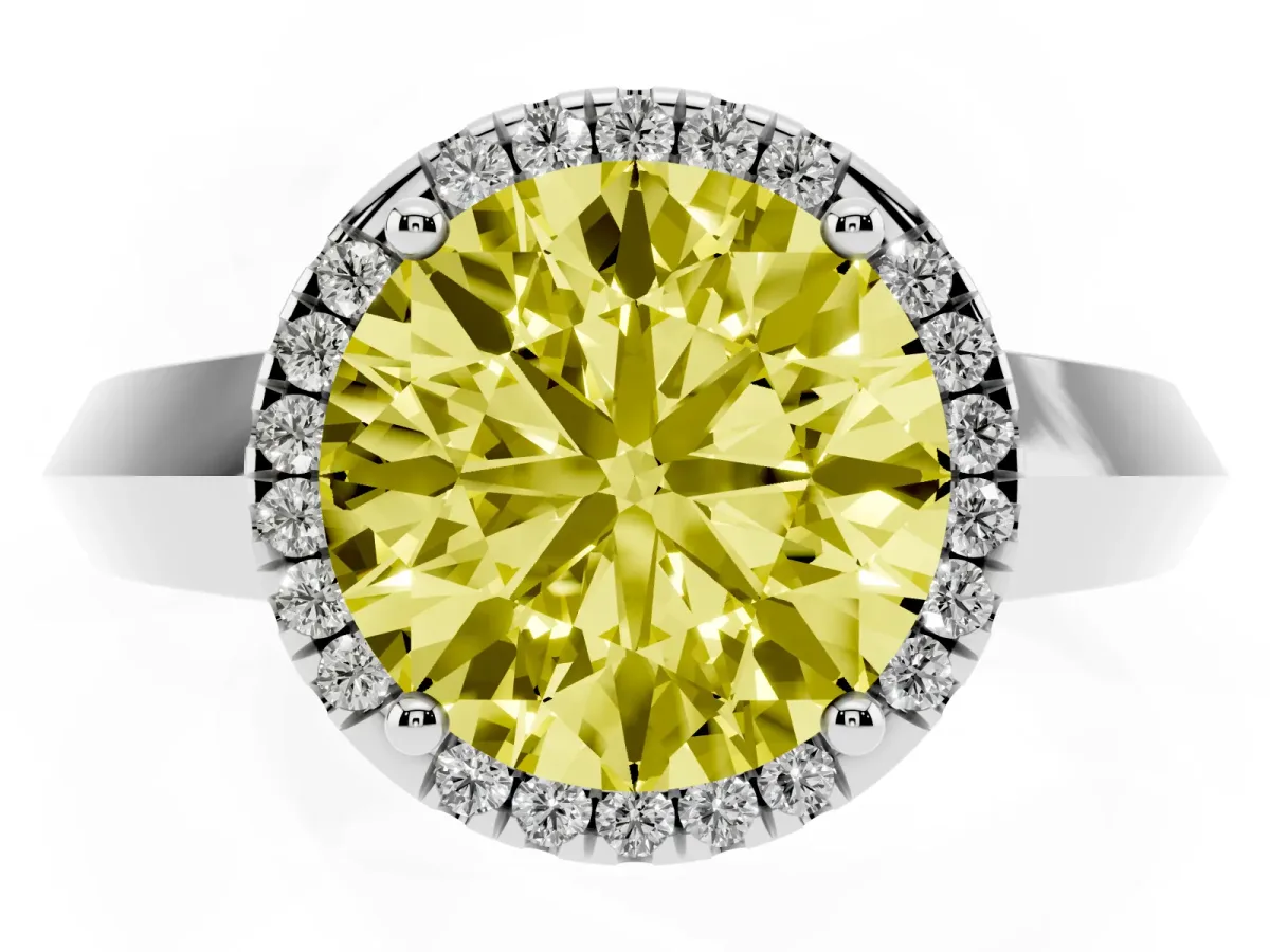 Fancy Yellow Round Cut Halo Diamond Ring with Cathedral Band and Four-Prong Setting Platinum