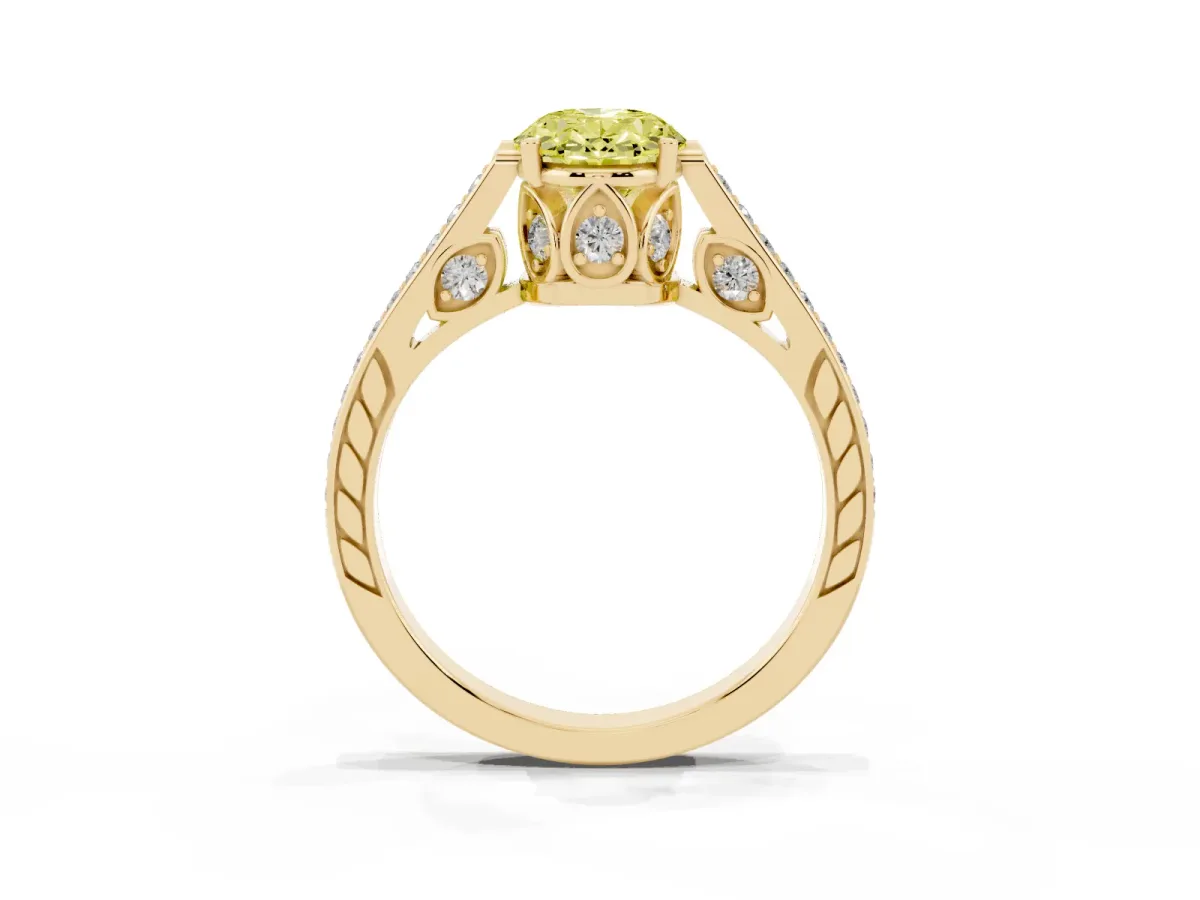 Fancy Yellow Oval Cut Cut Cathedral Pave Diamond Engagement Ring with Six-Prong Setting Yellow gold