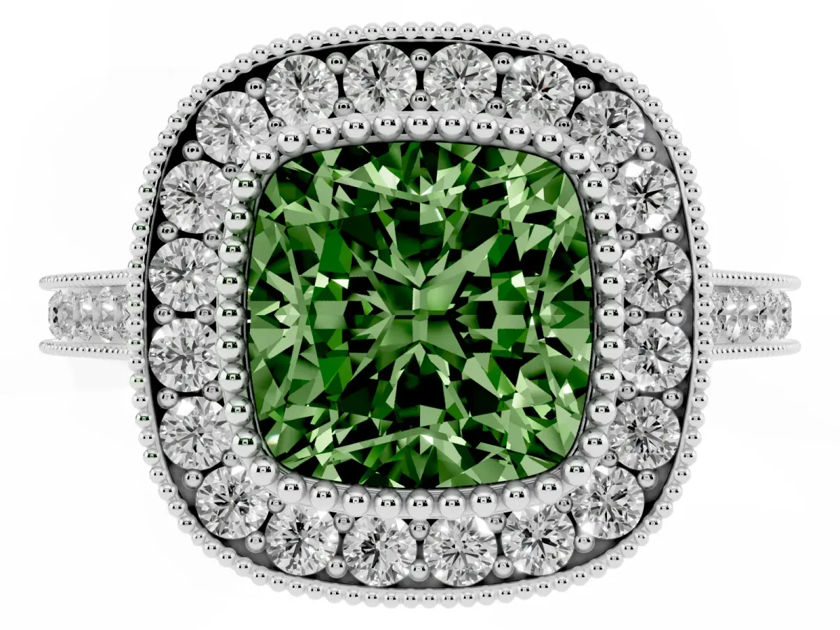 Fancy Green Cushion Cut Diamond Halo Ring with Milgrain Frame and Pavé Band White gold