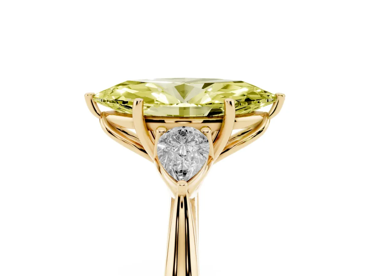 Fancy Yellow Three-Stone Marquise Cut Brilliant Diamond Solitaire Ring with Tapered Band and Four-Prong Setting Yellow gold