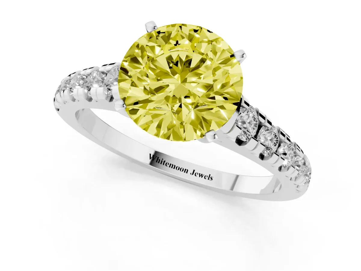 Fancy Yellow Round Cut Diamond Cathedral Solitaire Ring with Round Pavé Band Silver