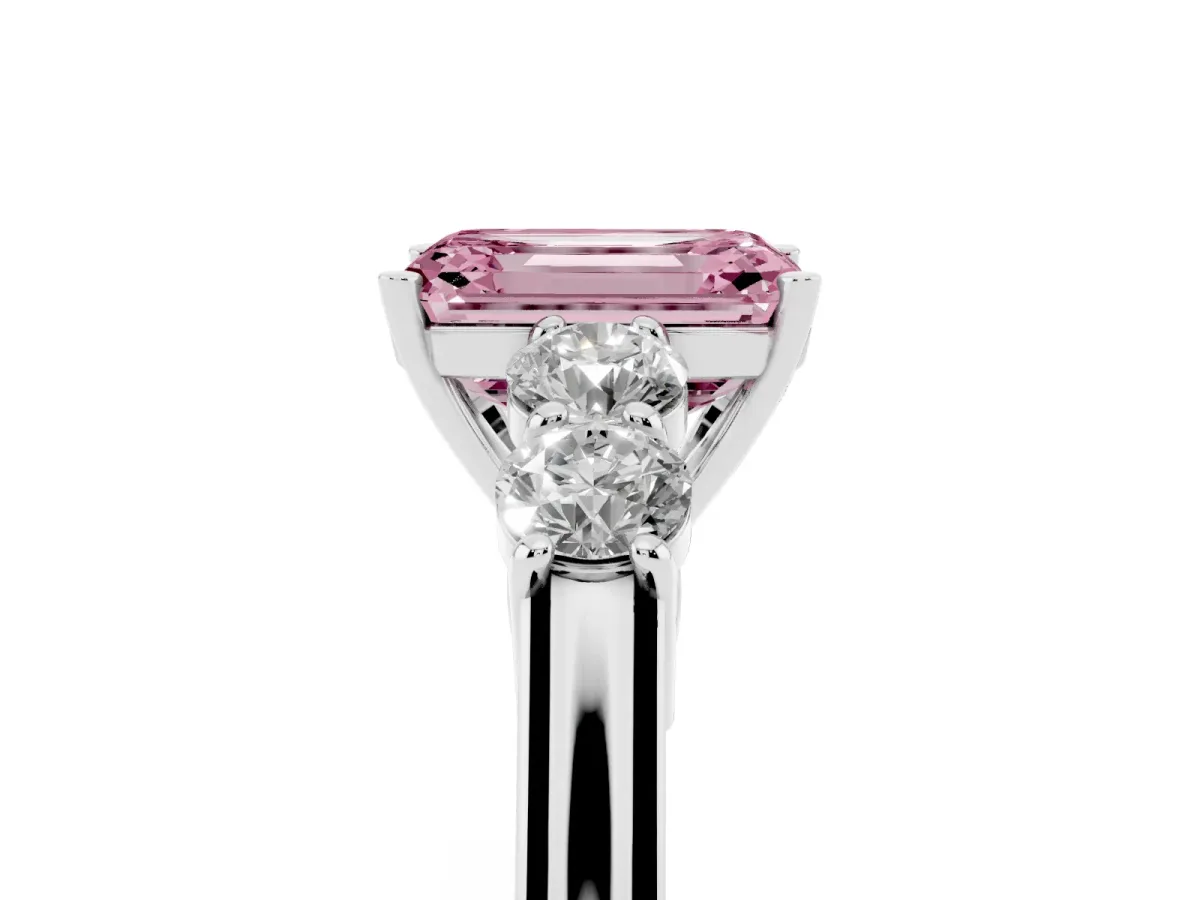 Fancy Pink Emerald Cut Cut Diamond Five-Stone Prong Set White Gold Ring Silver