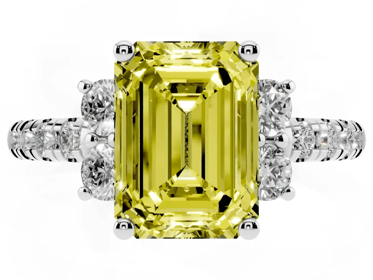 Fancy Yellow Emerald Cut Diamond Three-Stone Pave Band with Four-Prong Setting Platinum