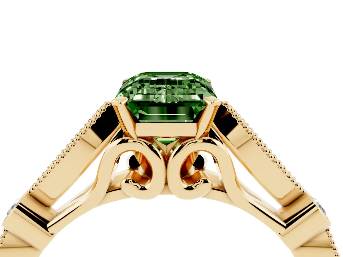 Fancy Green Emerald Cut Cut Diamond with Milgrain Marquise and Bezel Accents on a Solitaire Band with Prong Setting Yellow gold