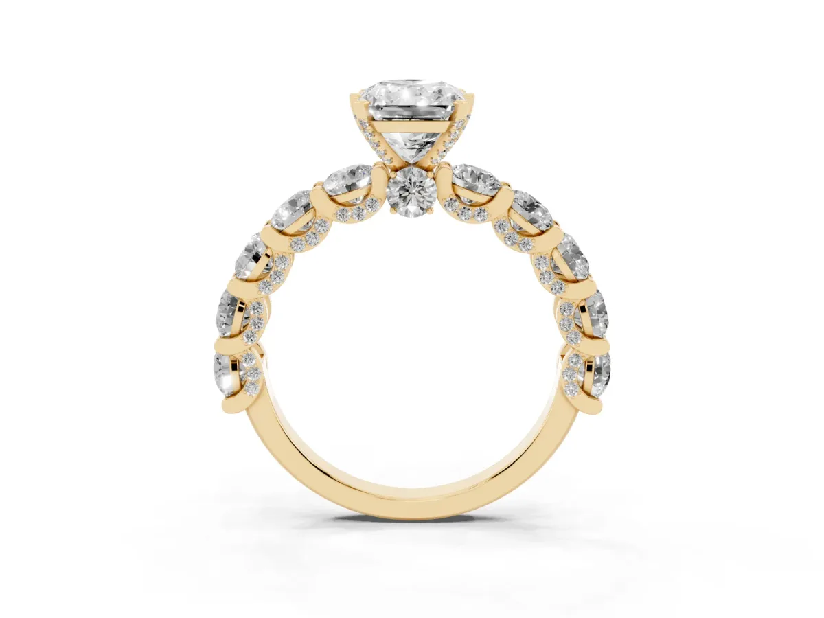 Radiant Cut Diamond Side Stone Engagement Ring with Four-Prong Setting Yellow gold