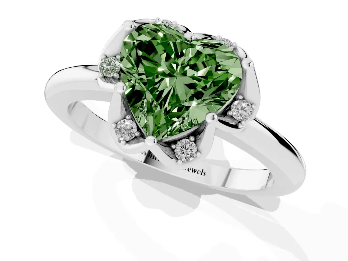 Fancy Green Heart Cut Halo Diamond Ring with Round Cluster Setting, Solitaire Band, and Four-Prong Setting Silver