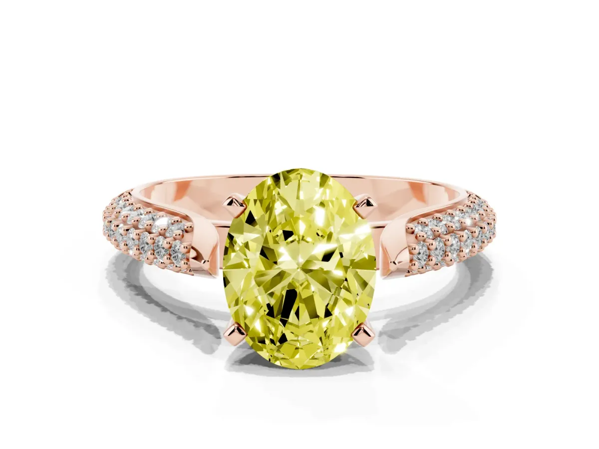 Fancy Yellow Oval Cut Diamond Solitaire Engagement Ring with Multi-Row Round Pavé Band and Prong Setting Rose gold