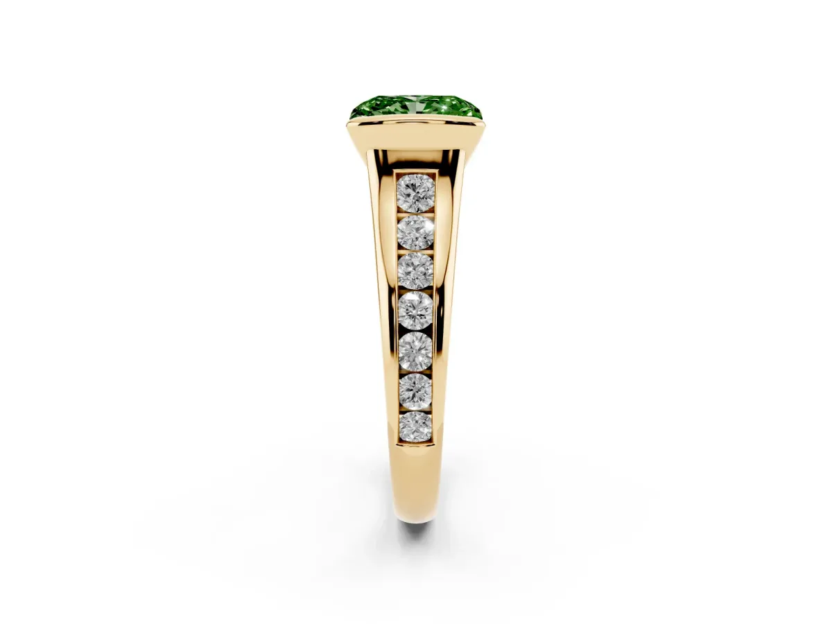 Fancy Green Radiant Cut Solitaire Bezel-Set Diamond Ring with Channel-Set Band Yellow gold