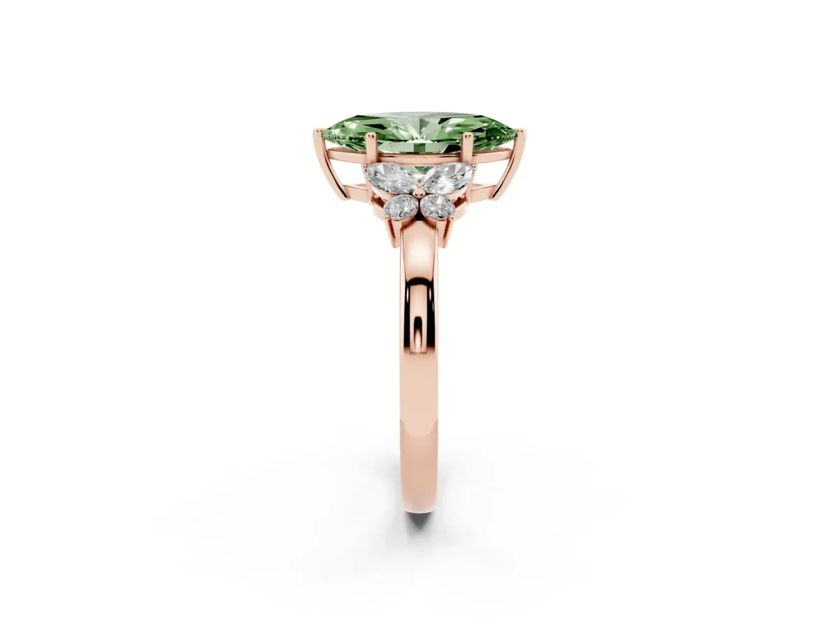 Fancy Green Marquise Cut Cut Solitaire Floral Diamond Ring with Four-Prong Setting Rose gold