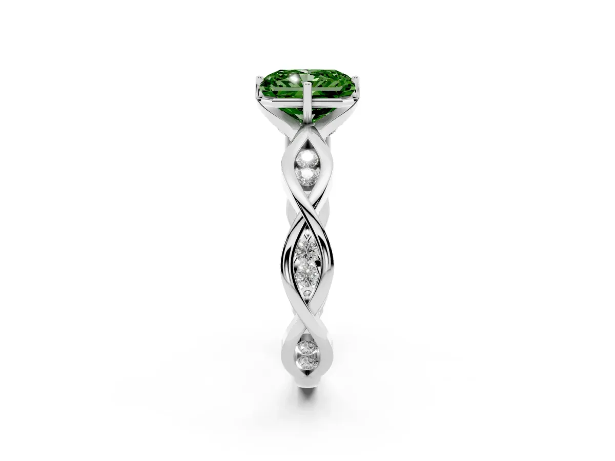 Fancy Green Radiant Cut Solitaire Twist Band with Leaf Prong Setting Silver