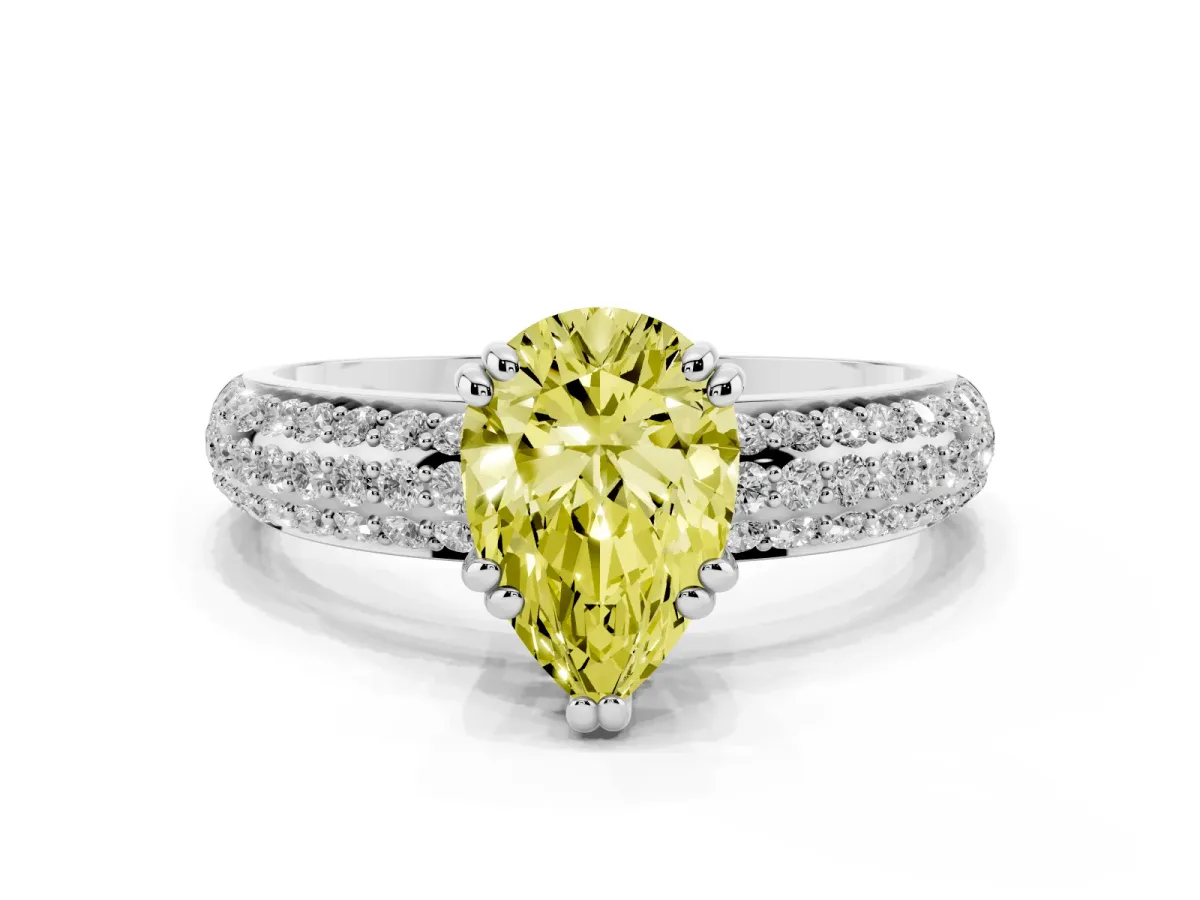 Fancy Yellow Pear Cut Diamond Solitaire Ring with Multi-Row Round Pavé Band and Prong Setting Silver