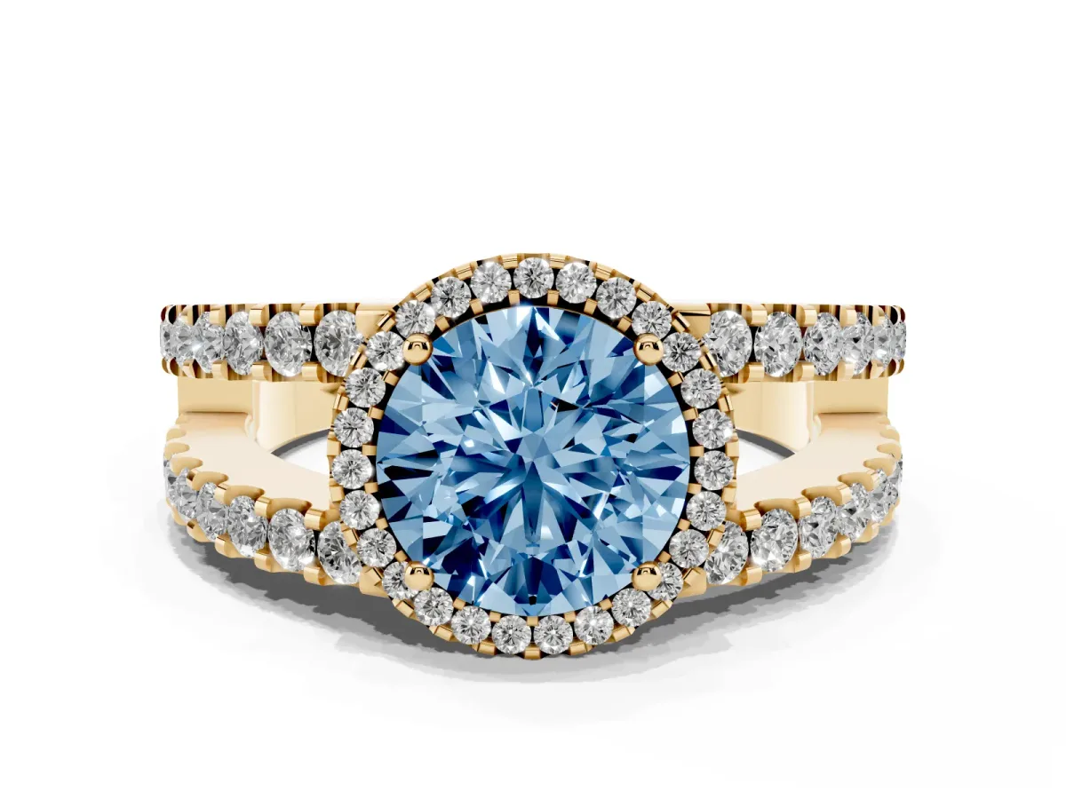 Fancy Blue Round Cut Cut Halo Split Shank Diamond Ring with Four-Prong Setting Yellow gold