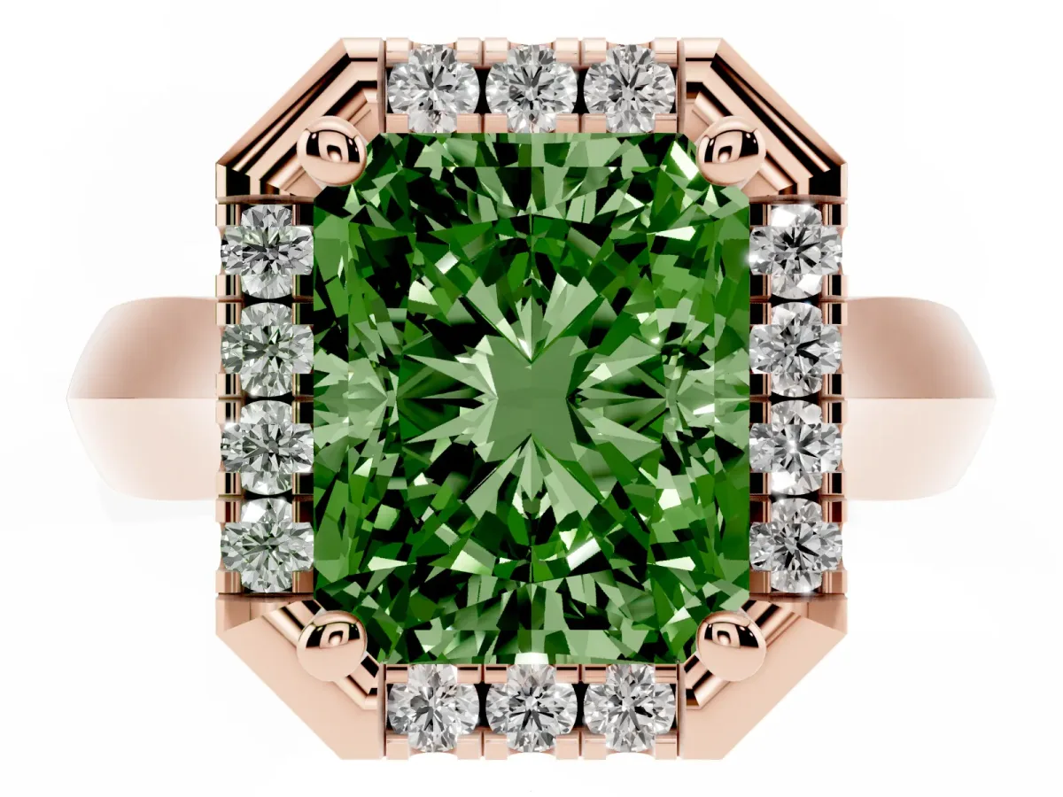 Fancy Green Radiant Cut Cut Halo Solitaire Engagement Ring with Square Band and Four-Prong Setting Rose gold