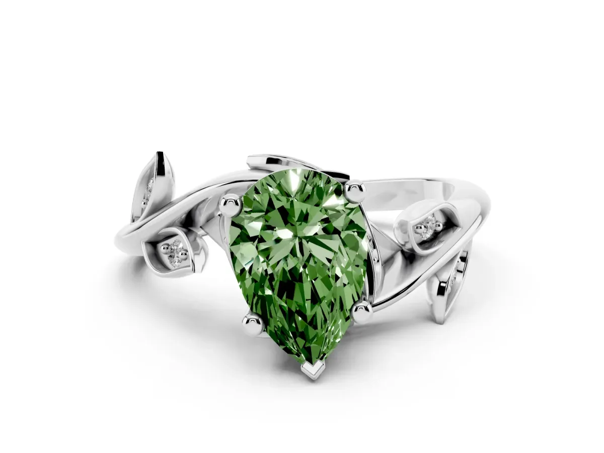 Fancy Green Pear Cut Solitaire Twist Engagement Ring with Leaf Accents and Prong Setting Silver