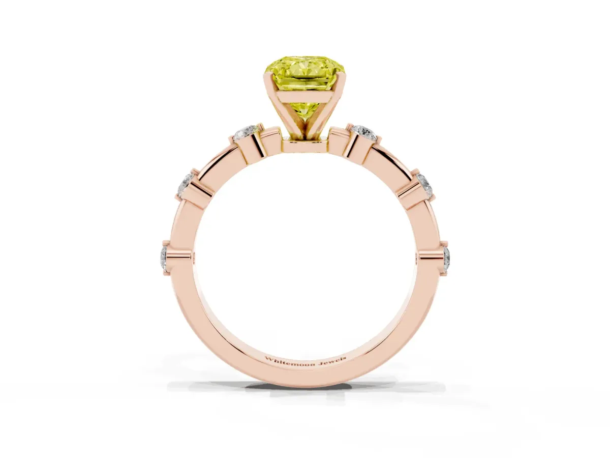 Fancy Yellow Radiant Cut Solitaire Diamond Ring with Bezel Set Side Stones and Prong Setting Rose gold