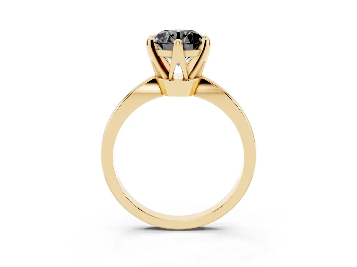 Fancy Black Round Cut Solitaire Engagement Ring with Six-Prong Setting and Tapered Band Yellow gold
